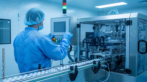 Scientist in cleanroom operating automated production line for medical or pharmaceutical manufacturing