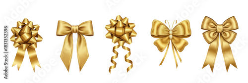 Golden bows with ribbons on a white background.