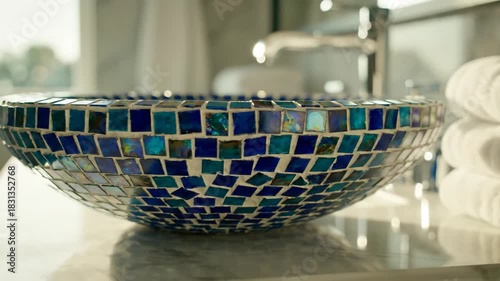 Decorative mosaic bowl and stacked towels in bright bathroom setting