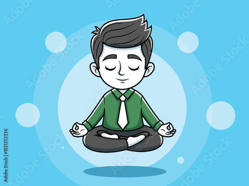 Cartoon Businessman Meditating for Stress Relief and Focus.