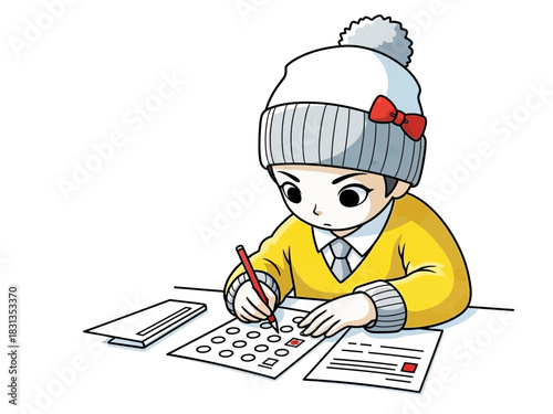A young girl engaged in a learning activity, focused on a worksheet with a pencil, wearing a winter hat and yellow sweater