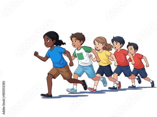 Group of Children Running Together in a Joyful Sprint on a Plain Background