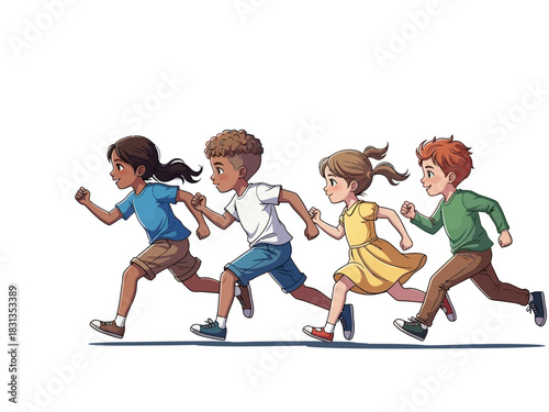 Children Running Together in a Race Illustration.