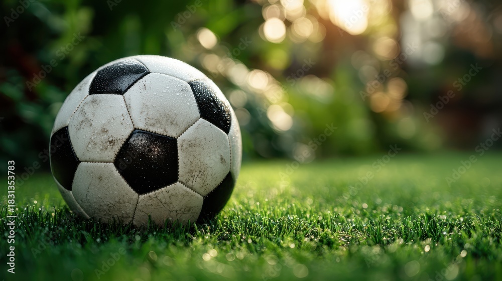 Fototapeta premium A close-up of a classic black-and-white soccer ball resting on vibrant green grass, illuminated by soft, natural light.