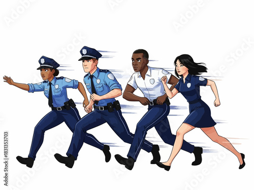 Diverse Police Officers in Pursuit Illustration.