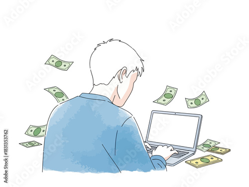 Earning Money Online Man Working on Laptop with Money.