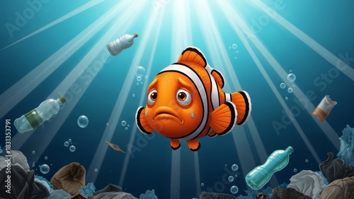 Sad clownfish swimming in polluted ocean with plastic bottles.
