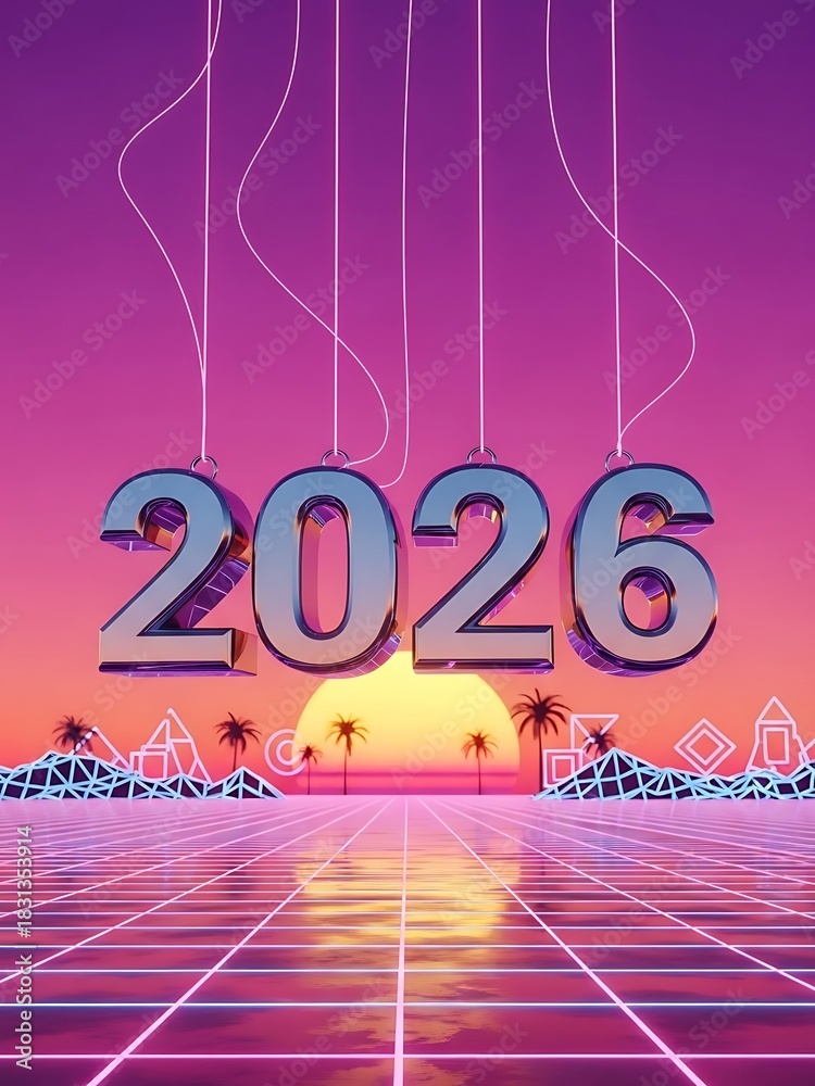 Naklejka premium Metallic 2026 Numbers Hanging Over Retro Futuristic Grid at Sunset