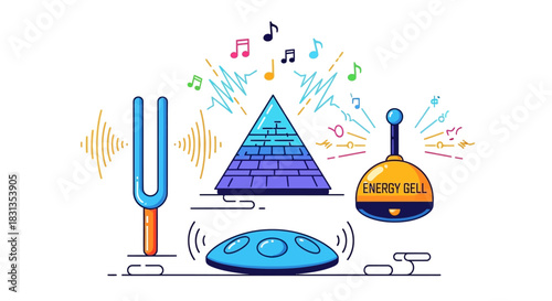 Illustration of sound healing instruments with musical notes on white background