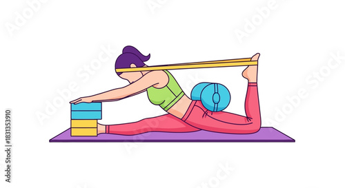 Woman in green top and pink leggings stretching with yoga strap and blocks on purple mat