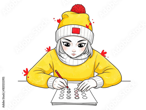 Girl in Winter Hat Concentrating on a Test.