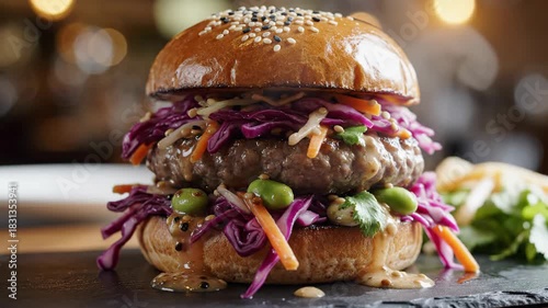 Gourmet burger with fresh toppings and sesame seed bun