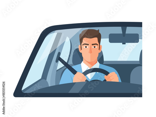 Man driving car with focused expression illustration.