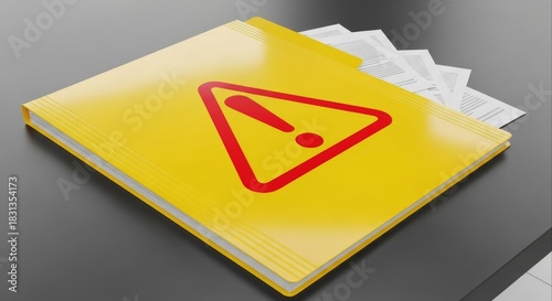 Yellow folder with red warning sign on a desk.
