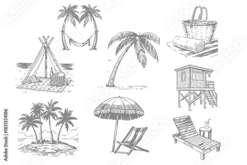 Vintage collection Hand drawn Summer beach doodles elements vector illustration. Whimsical coastal palm trees, sun, boat and seashells. Eps 10