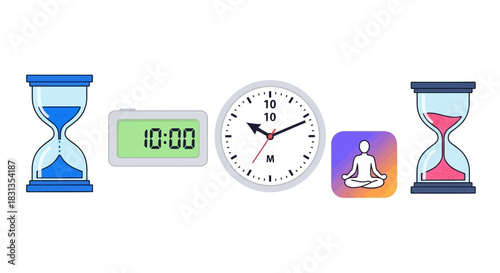 Collection of time management icons including hourglasses, digital clock, analog clock,