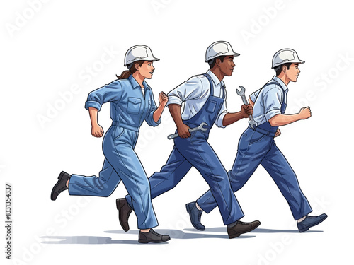 Team of Industrial Workers Rushing to Emergency.