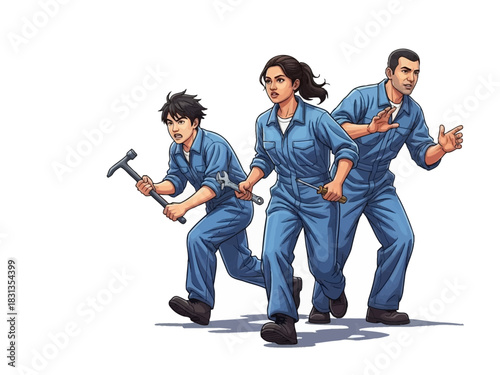 Team of Mechanics Rushing to Fix a Problem.