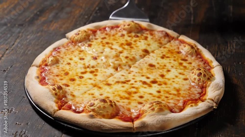 Delicious round baked cheese pizza slice being served on dark wooden table