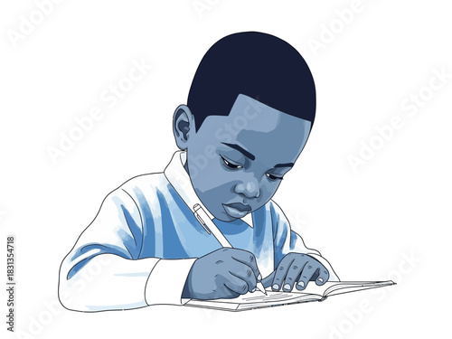 Young Boy Concentrating on Writing in Notebook.