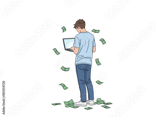 Young man making money online with laptop.