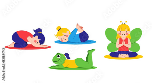Illustration of children in various yoga poses with animal props on colorful mats