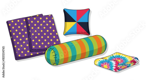 Colorful yoga mat and pillow set on a white background