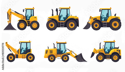 A collection of yellow construction vehicles, including excavators, tractors, and loaders, isolated on a white background, ready for use.