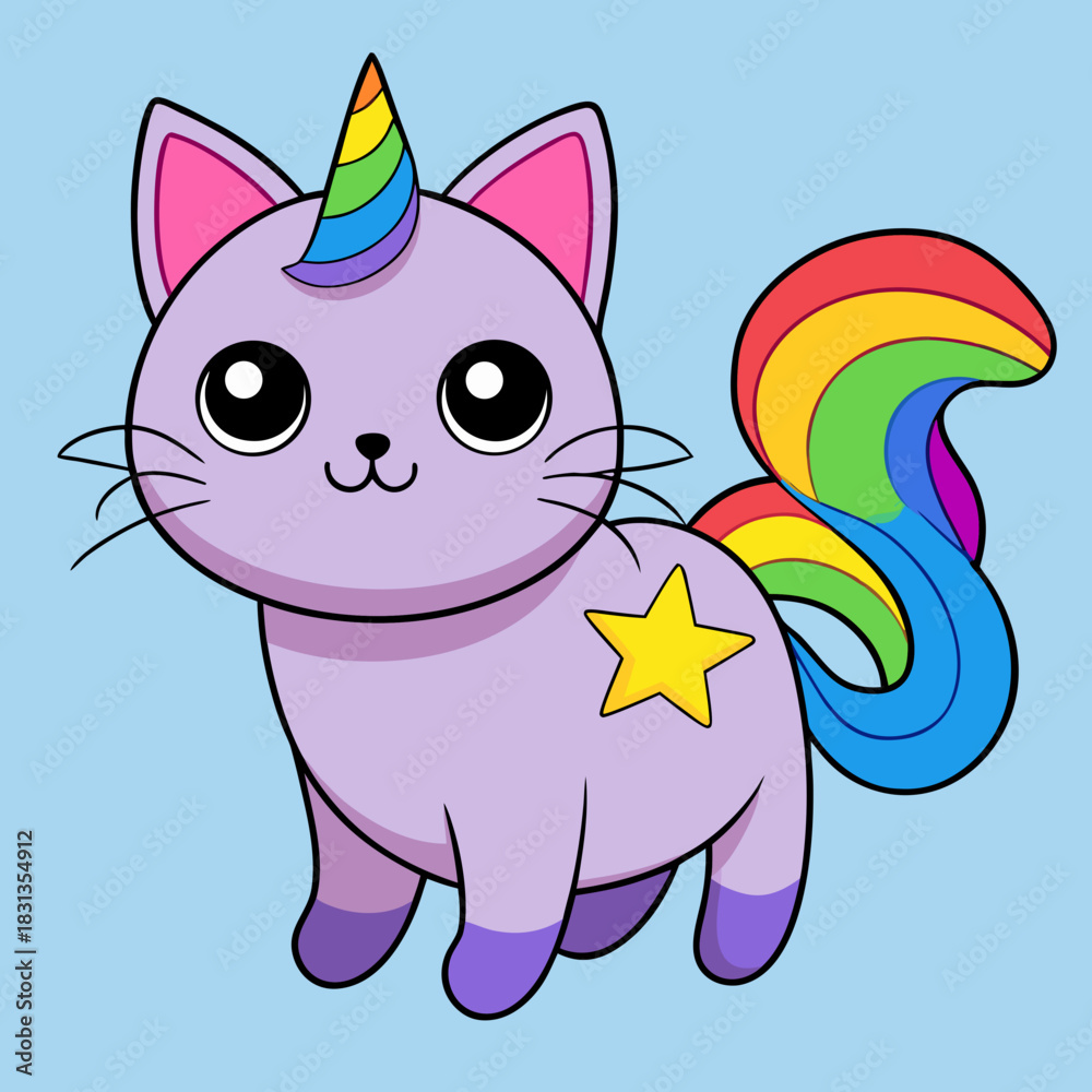 Obraz premium Cute Rainbow Unicorn Cat Cartoon Illustration on Light Blue Background