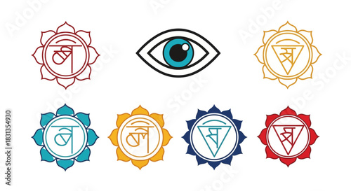 Seven colorful chakra symbols with an eye on a white background.