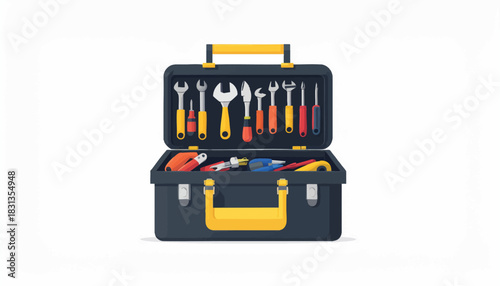 An open toolbox displays various hand tools, including wrenches, screwdrivers, and pliers, ready for repair and construction projects on a white background.