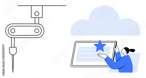 Robotic arm operating machinery alongside a woman interacting with a digital interface and star icon. Ideal for technology, innovation, AI, cloud computing, digital transformation, industry 4.0