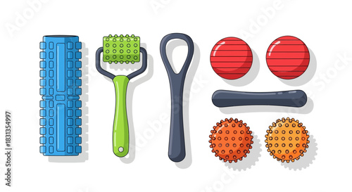 Flat lay of various textured massage balls and rollers on a white background
