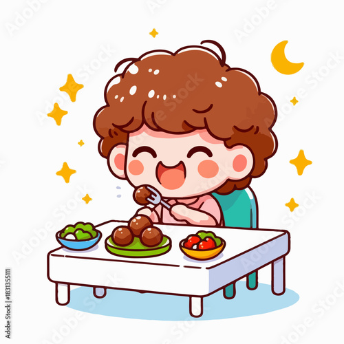 cartoon vector illustration of people eating meatballs