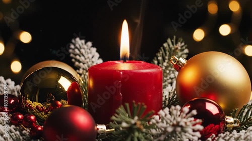 Festive holiday candle burning amidst evergreen branches and ornamental spheres glowing with warm light