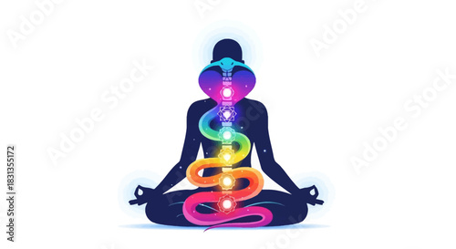 Silhouette of a meditating person with a colorful chakra representation on a white