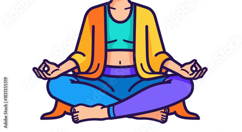 Illustration of a person meditating in a colorful outfit on a white background