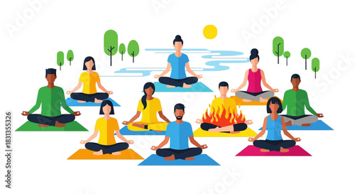 Illustration of people meditating in lotus position around a campfire in a natural