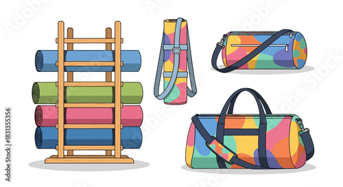 Colorful yoga mats and bags on a wooden rack against a white background.