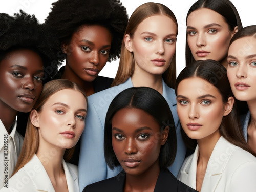 Group portrait of diverse women with flawless makeup showcasing various skin tones and beauty standards against a transparent background