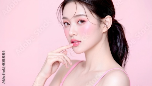 ピンク背景でポニーテールの愛らしい女性