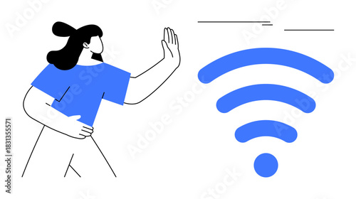 Woman raising hand in refusal toward a wireless signal icon. Ideal for digital detox, internet safety, mindfulness, tech balance, social media breaks, self-care, distraction management. Simple flat