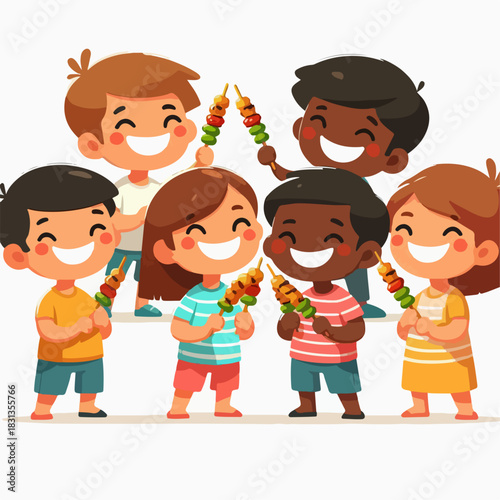 cartoon vector illustration of a child eating satay