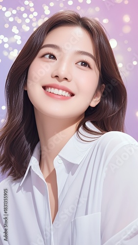 紫の輝く背景で爽やかに微笑む白シャツの女性