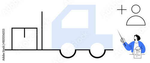 Forklift carrying a package accompanied by a person holding a checklist while a user addition icon emphasizes team collaboration. Ideal for supply chain, shipping processes, warehouse management