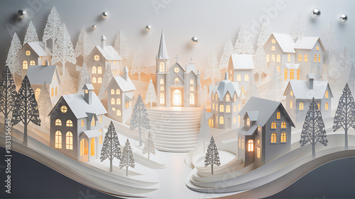 Whimsical paper cutout village scene with glowing windows and snowy trees