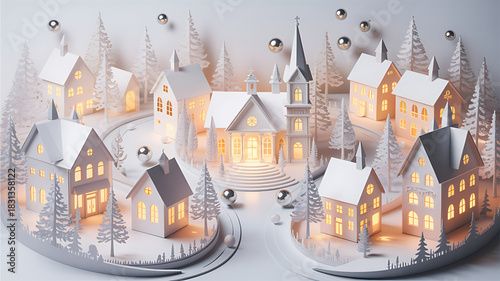 Whimsical winter village scene with glowing houses and snowflakes