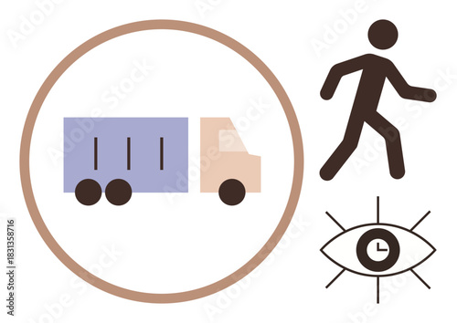 Cargo truck in a circle, walking person, and eye with clock. Ideal for logistics, delivery, movement, punctuality, freight transportation and time management concepts. Simple flat metaphor