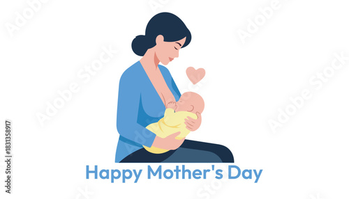 Illustration depicting a mother breastfeeding her baby with a heart symbol, celebrating motherhood.