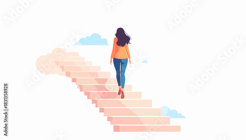Ascending to Success Woman Climbing Stairway to the Clouds Illustration